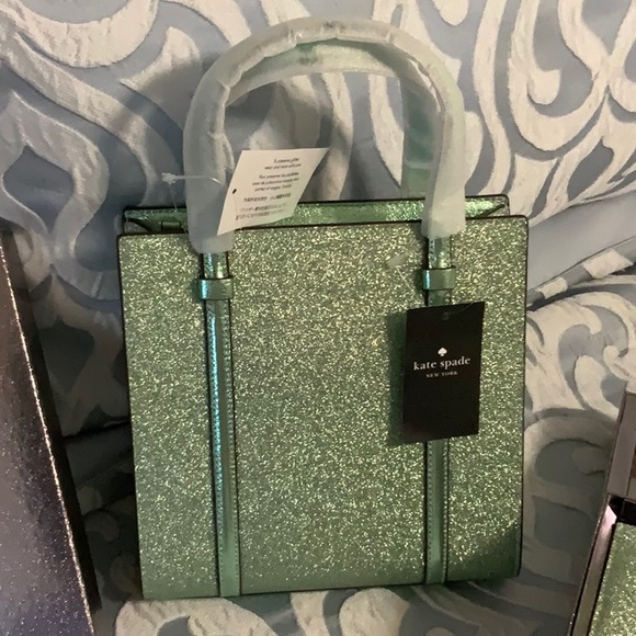 Kate Spade NWT Mini Tote Green Gold Glitter Bag, Wallet, Card Case Retail$580 - Picture 6 of 14